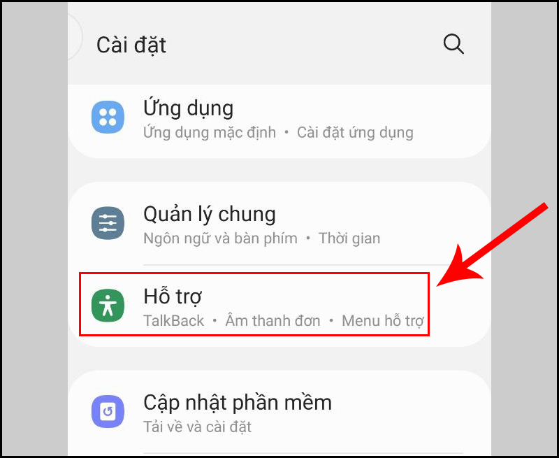 Truy cập vào mục Hỗ trợ sau khi mở Cài đặt